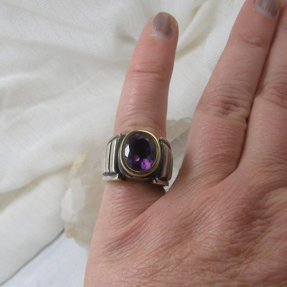 Sterling Silver 14K Gold Lagos Caviar Amethyst Bold Statement Ring 5.5 - Picture 6 of 7